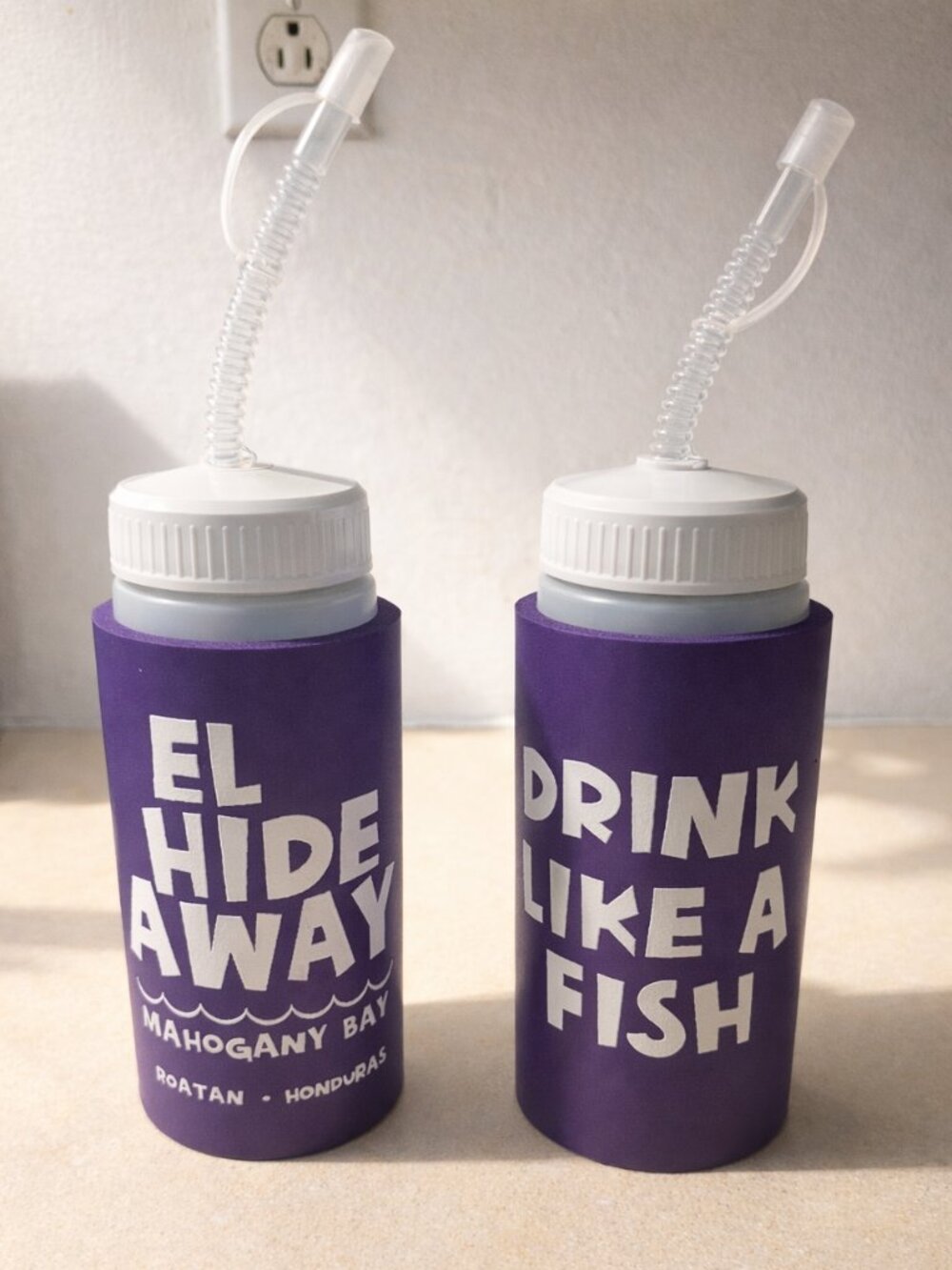 Set of 2 Purple Mahogany Bay Roatan Honduras Souvenir Drink Bottles w/ Straw